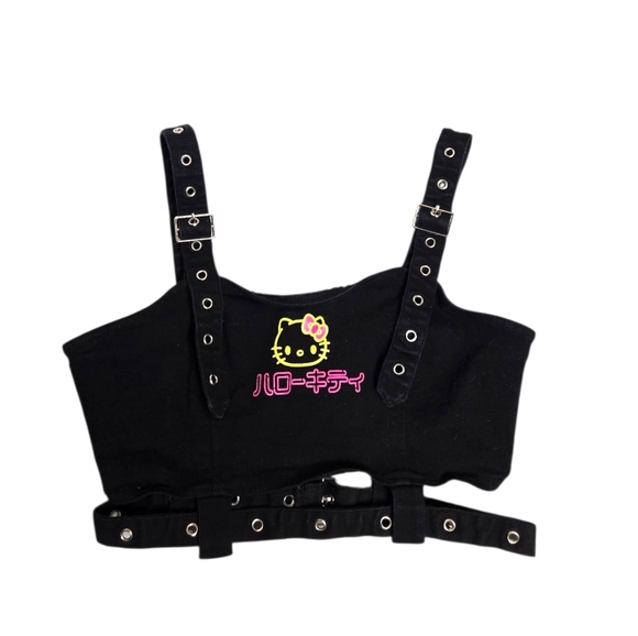 HELLO KITTY goth kawaii neon graphic strappy grommet cropped bustier top L - Picture 3 of 10